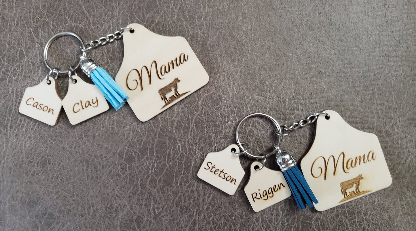 Mama Ear Tag Highland Cow Personalized with kids Keychain