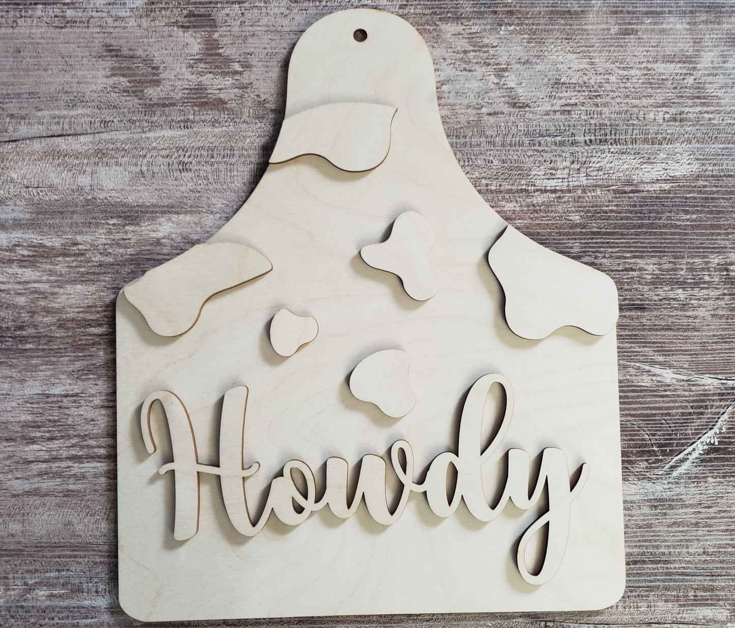 Howdy Cow Print Ear Tag Sign DIY Unfinished