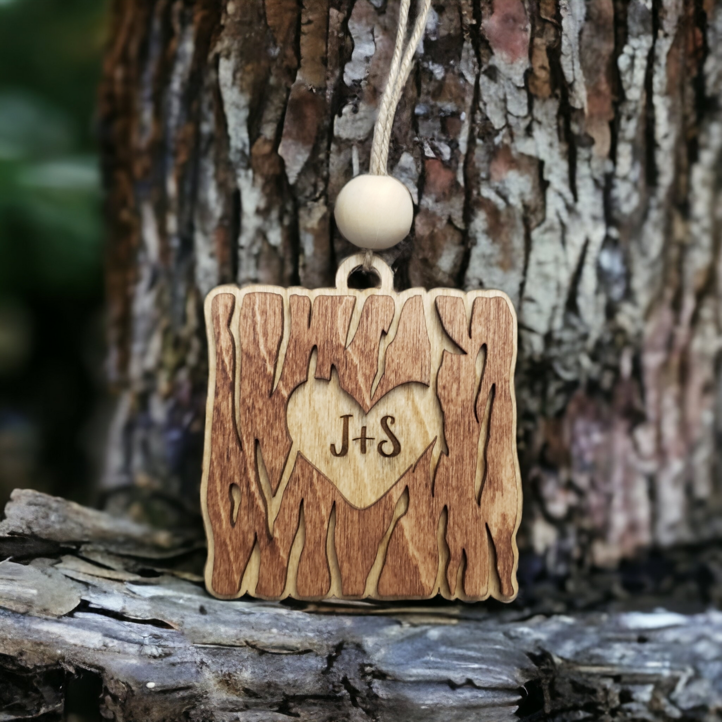 Wood Heart Tree Bark Christmas Ornament Personalized