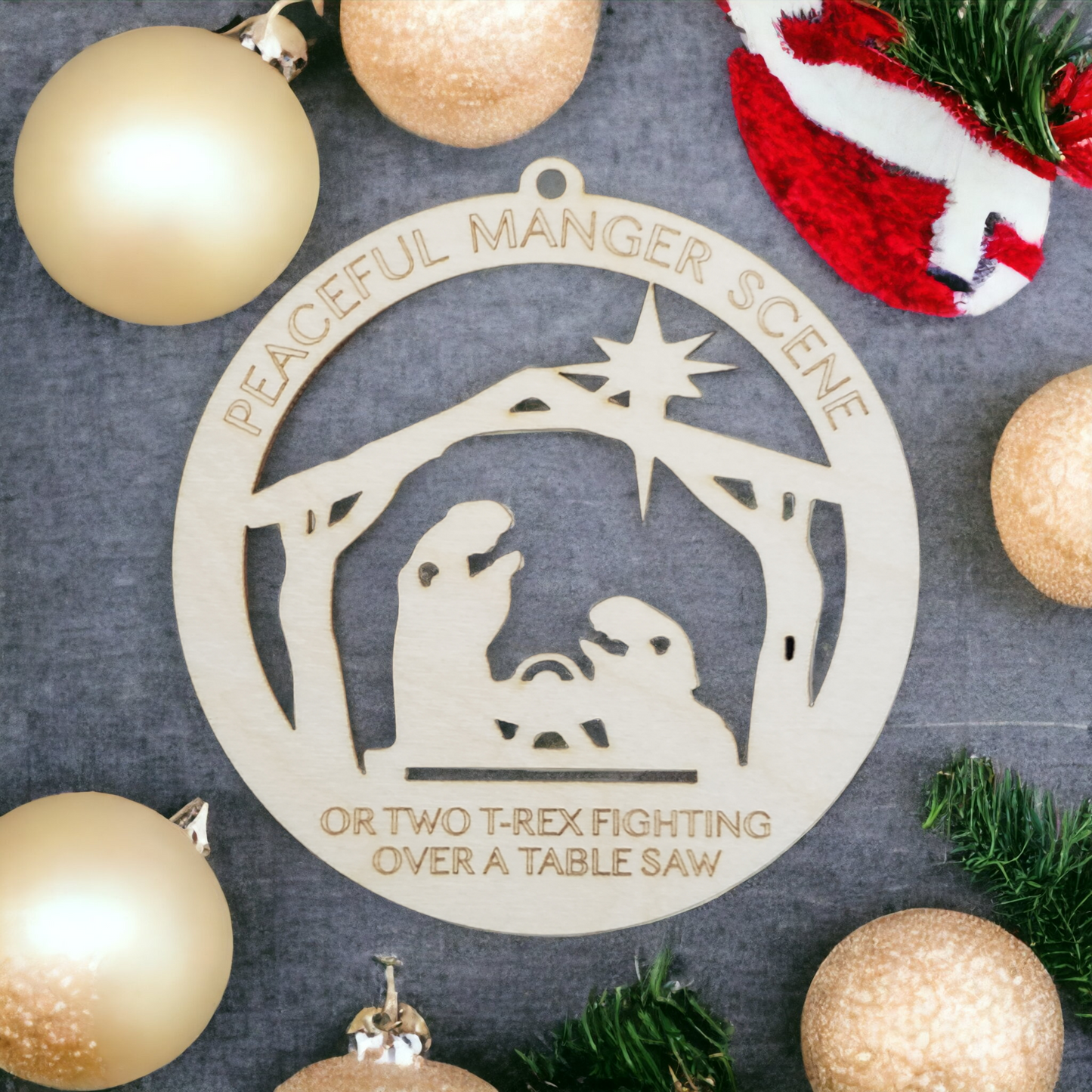 T-Rex Peaceful manger scene table saw Christmas Ornament