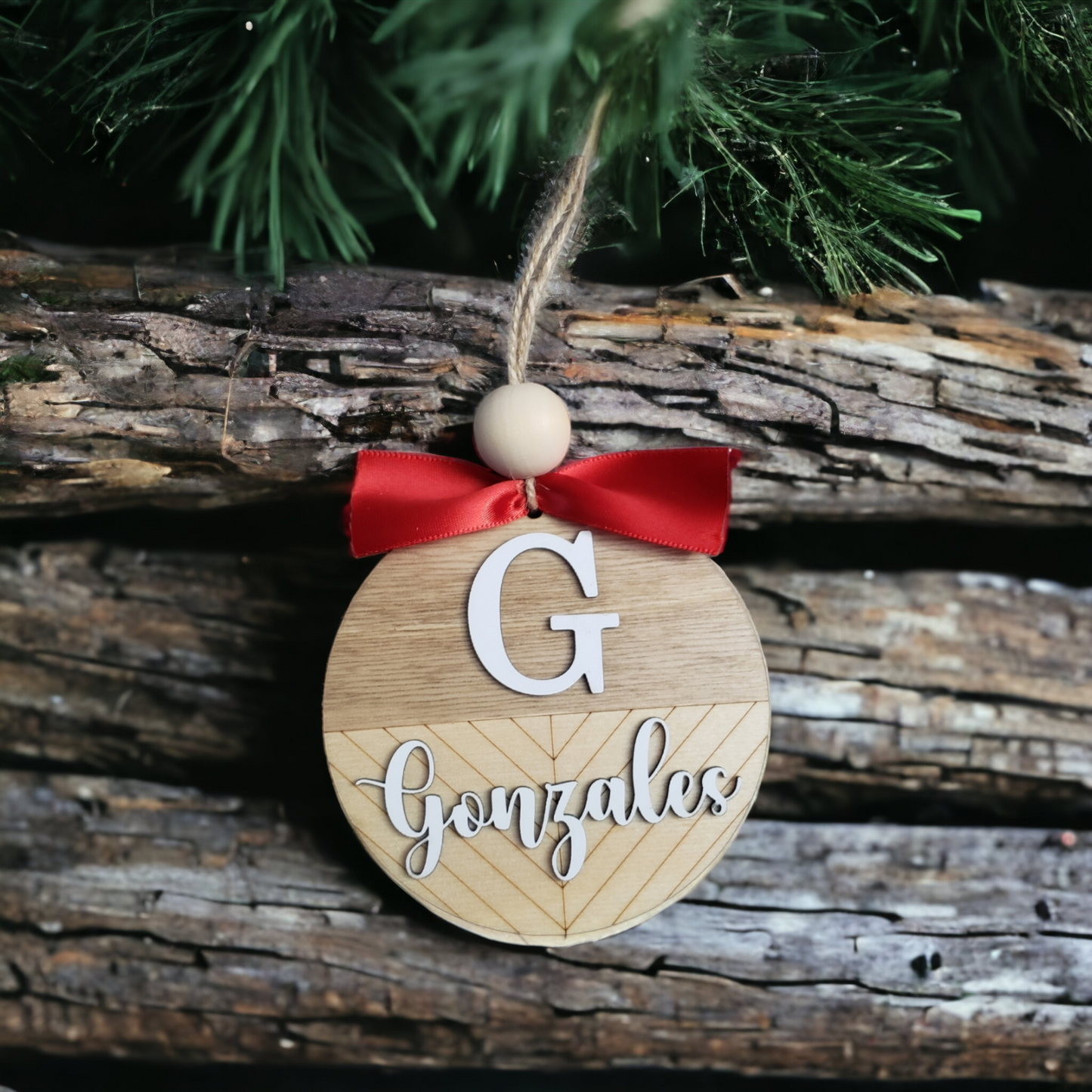 Red ribbon Split shiplap Personalized Christmas Ornaments