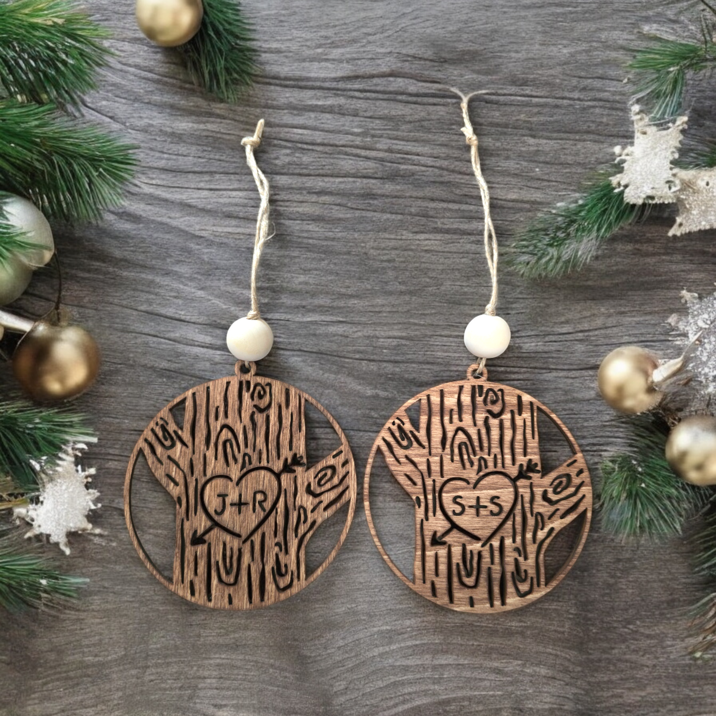 Carved tree Christmas Ornament with initials personalized