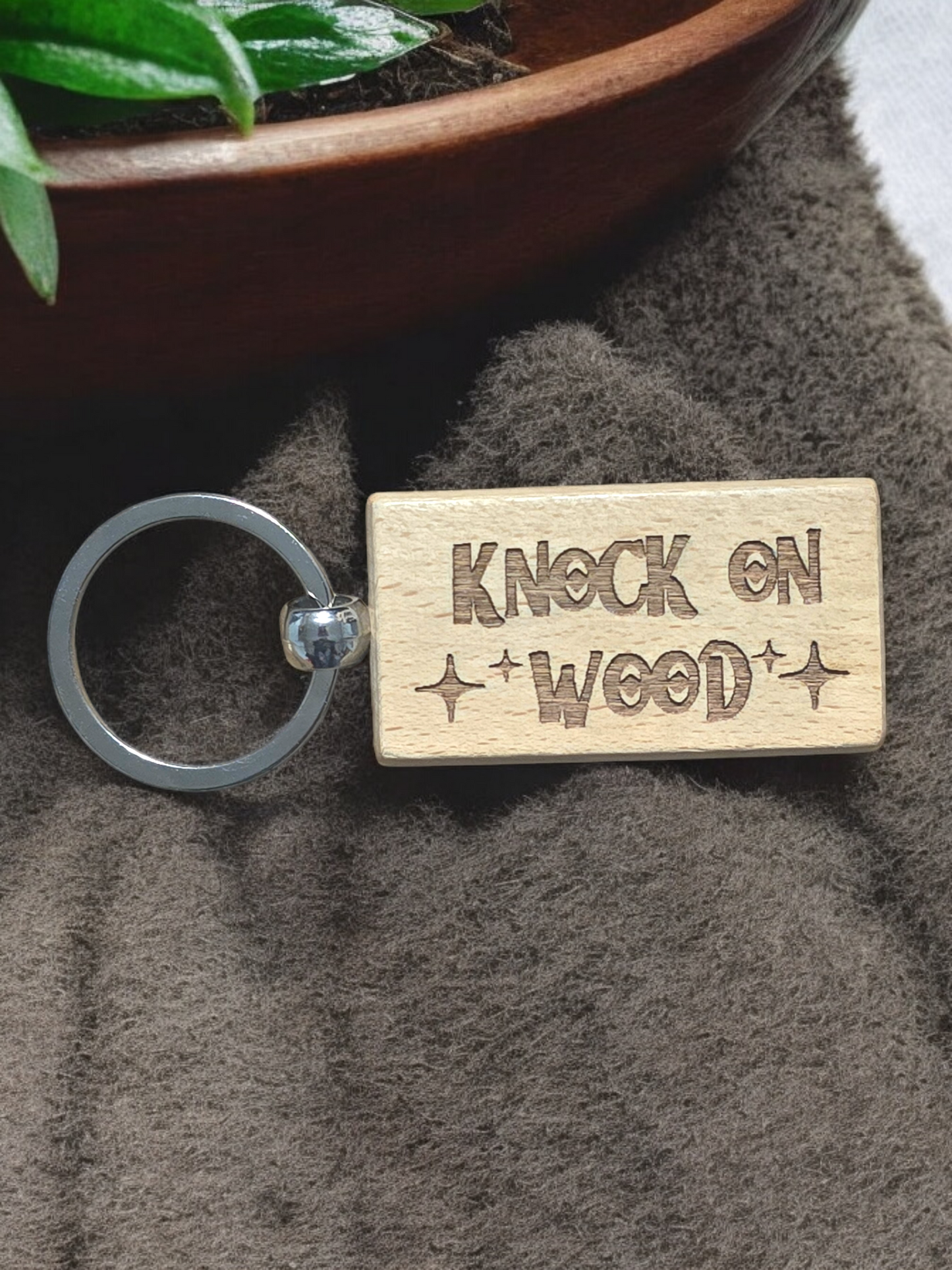 Knock on wood keychain