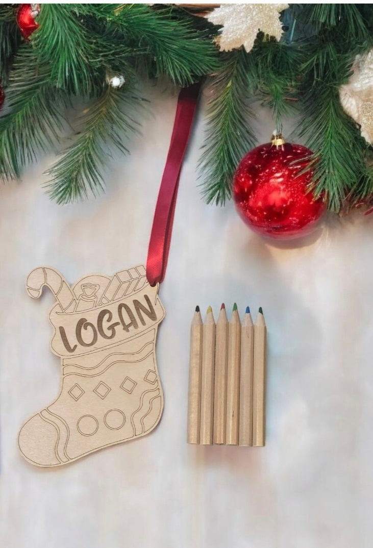 Filled Stocking with goodies on top Paint Kit Christmas Ornament colored pencils Personalized with name