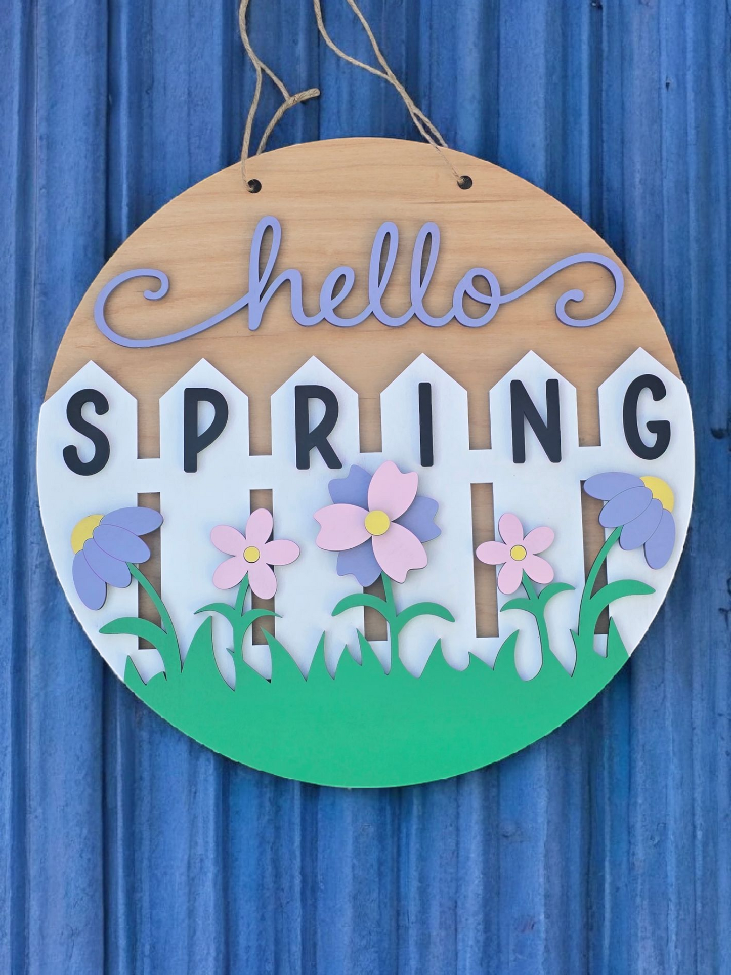Hello Spring with fence and flowers 15" DIY Sign door hanger