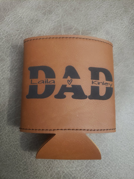 Dad with kids Leatherette Koozies Personalized