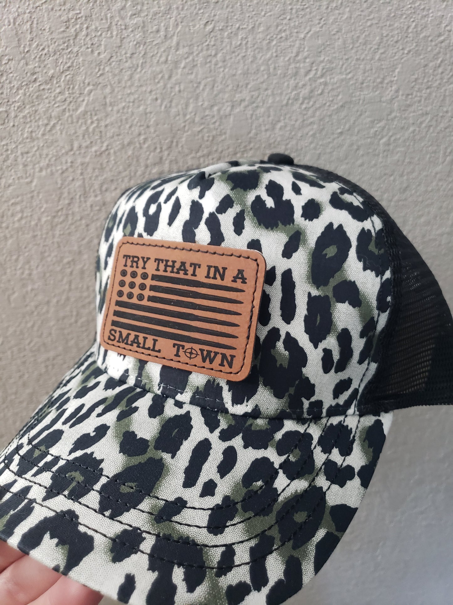 BULLET FLAG STYLE Try that in a small town Richardson Hat LEOPARD IS UNBRANDED