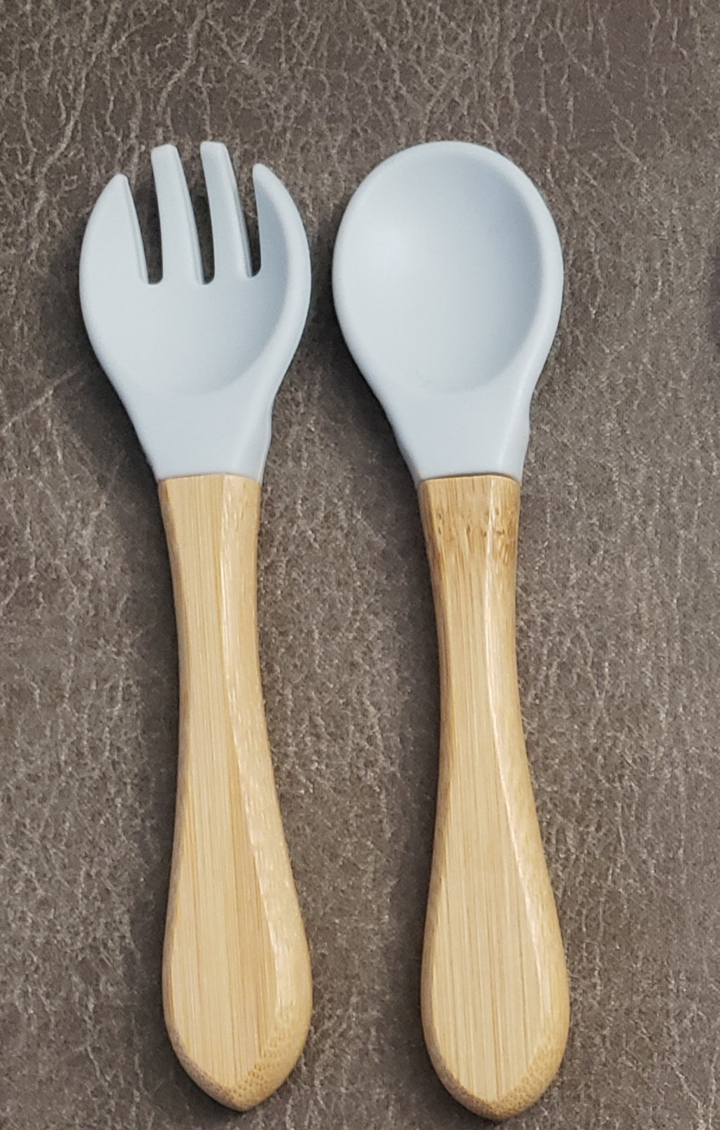 Baby silicone and wood spoon and fork set personalized