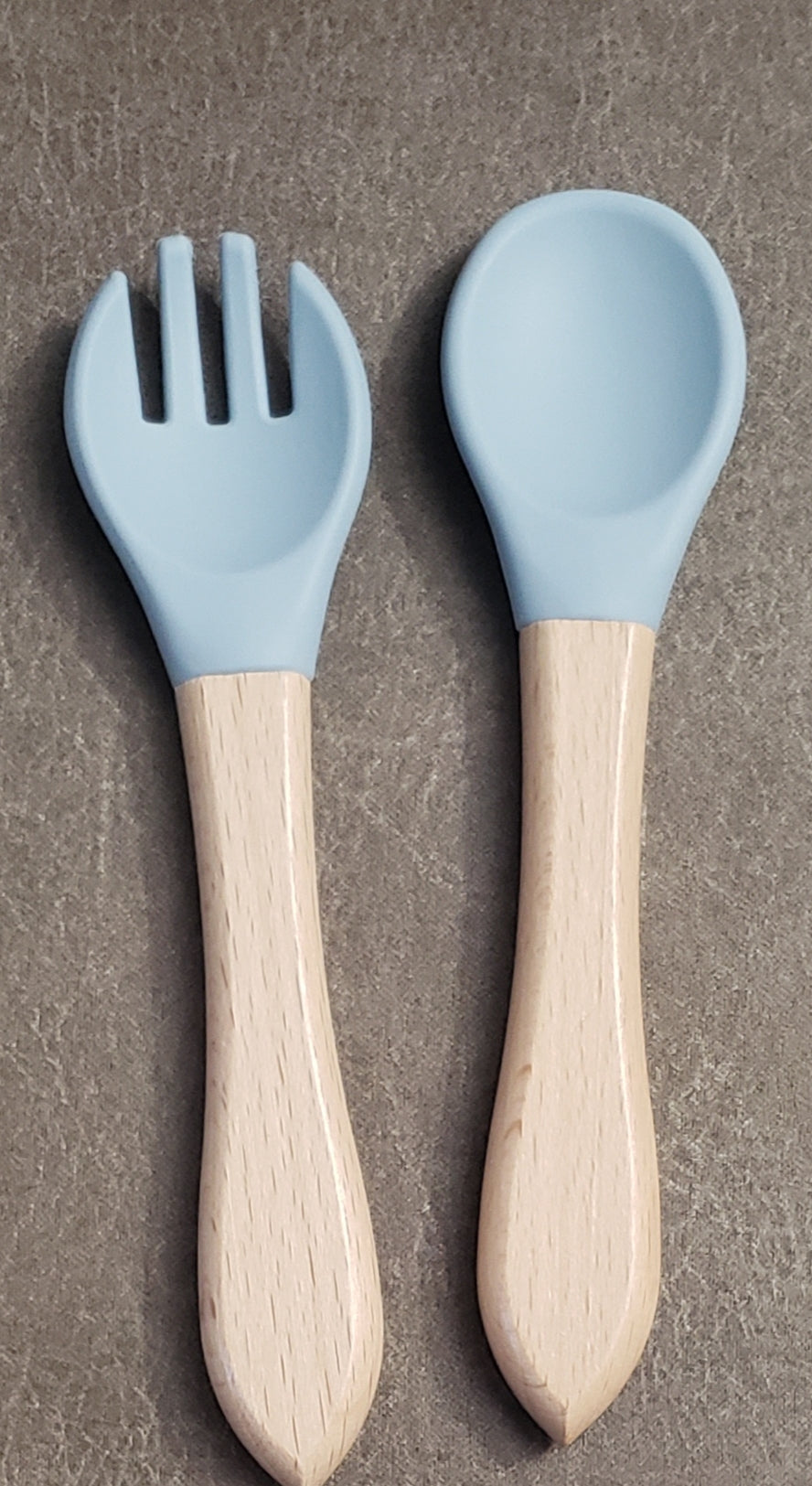 Baby silicone and wood spoon and fork set personalized