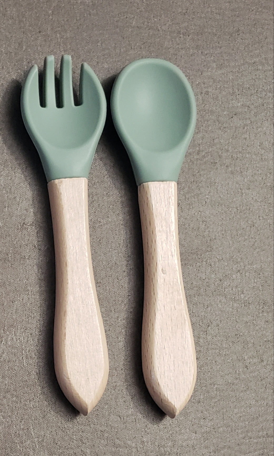 Baby silicone and wood spoon and fork set personalized