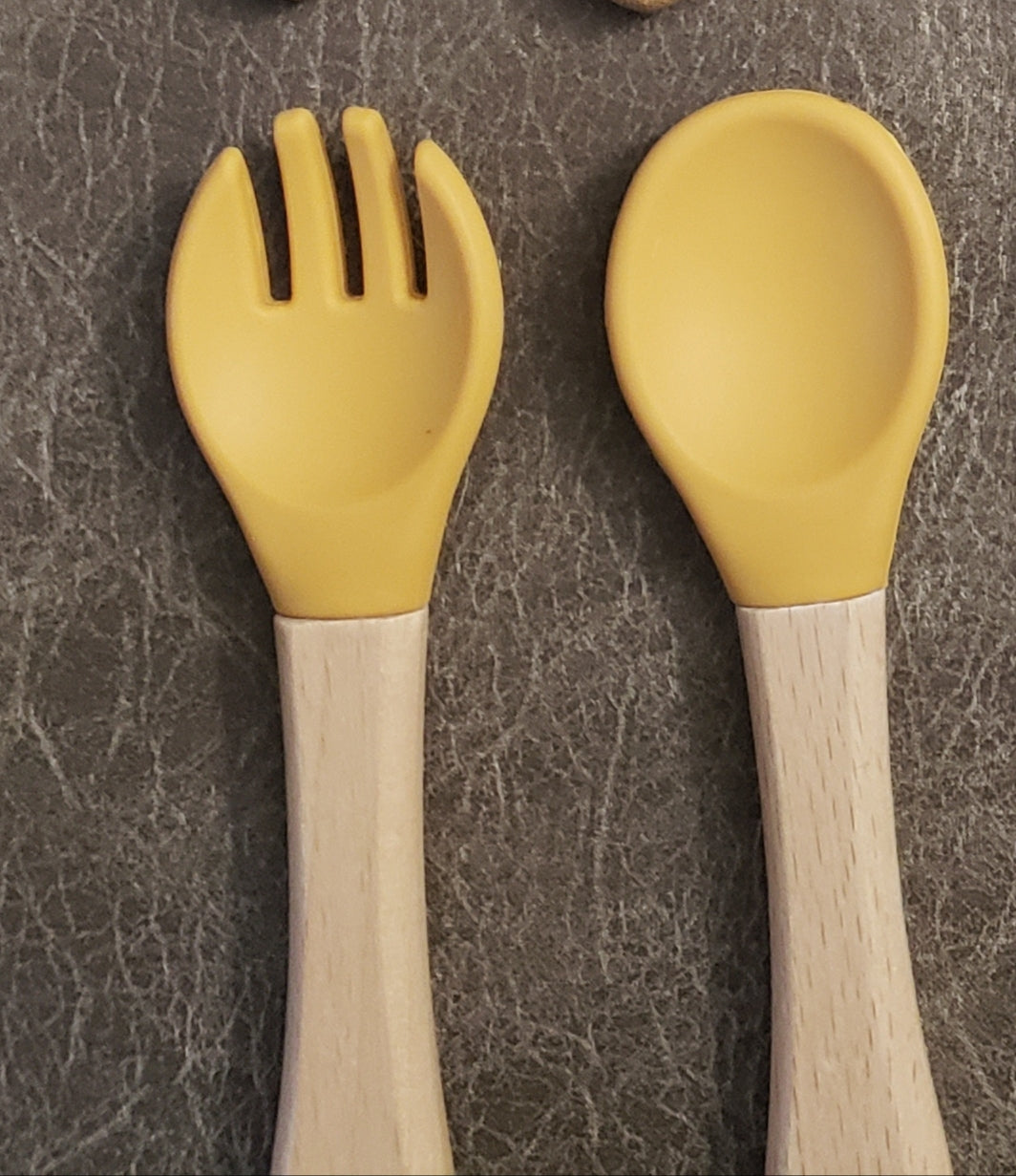 Baby silicone and wood spoon and fork set personalized