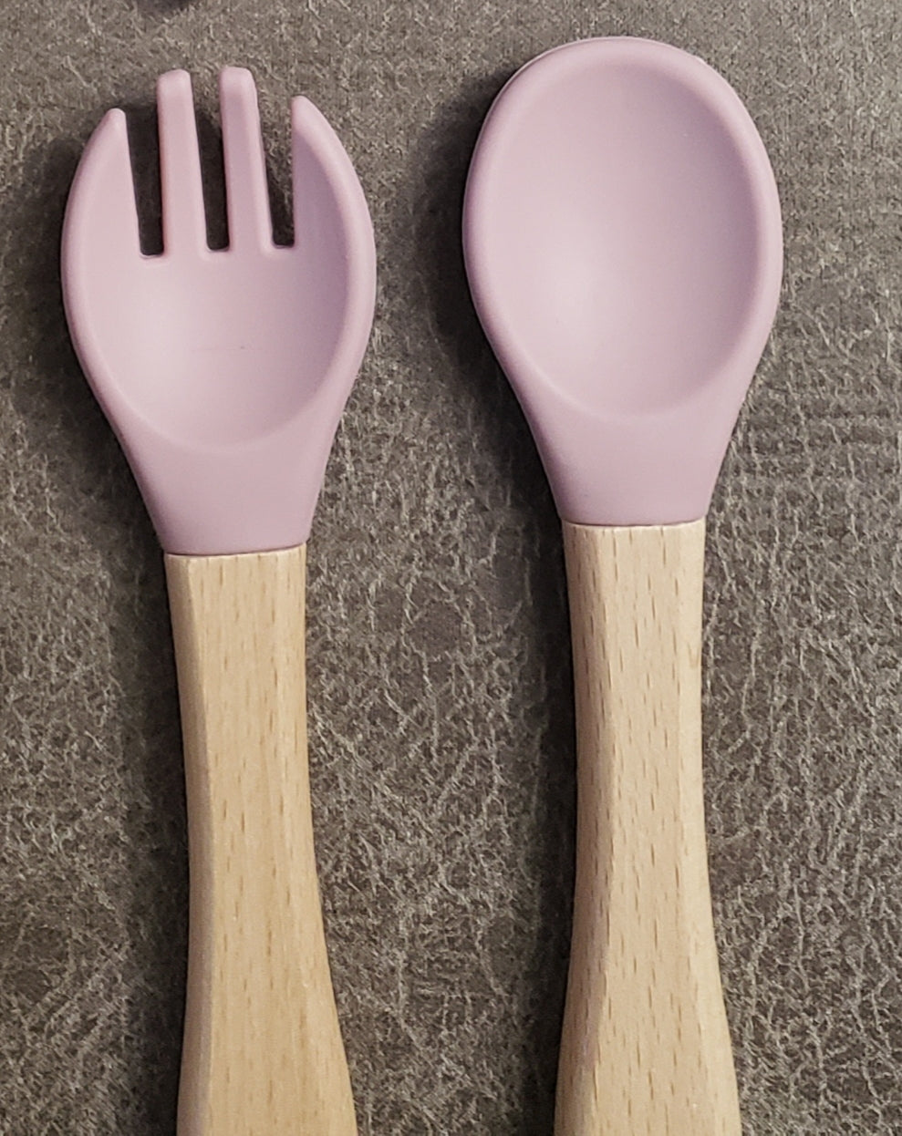 Baby silicone and wood spoon and fork set personalized