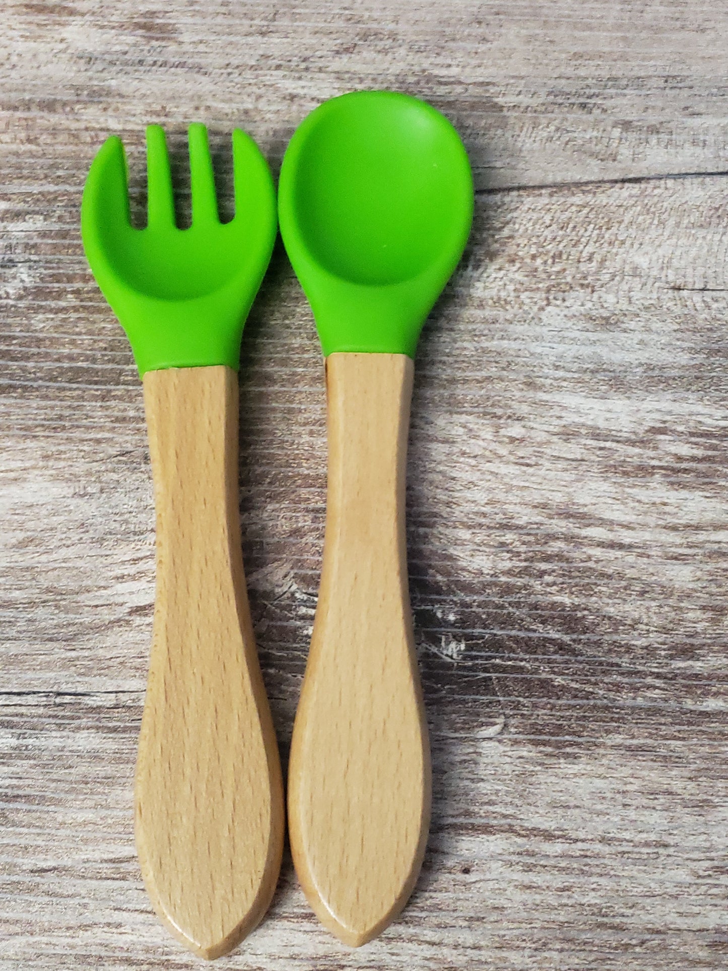 Baby silicone and wood spoon and fork set personalized