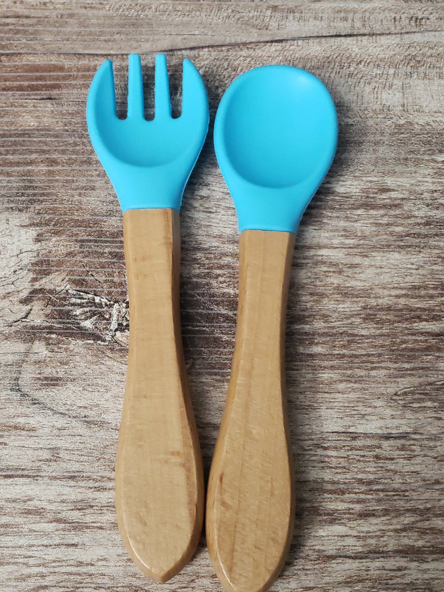 Baby silicone and wood spoon and fork set personalized