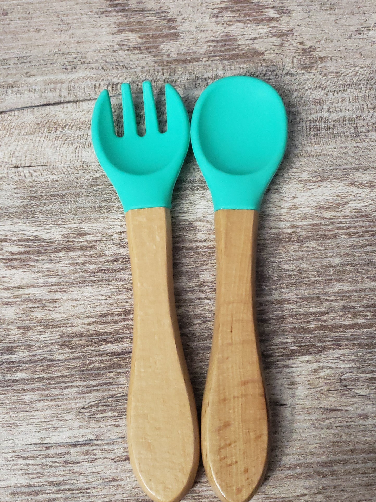 Baby silicone and wood spoon and fork set personalized