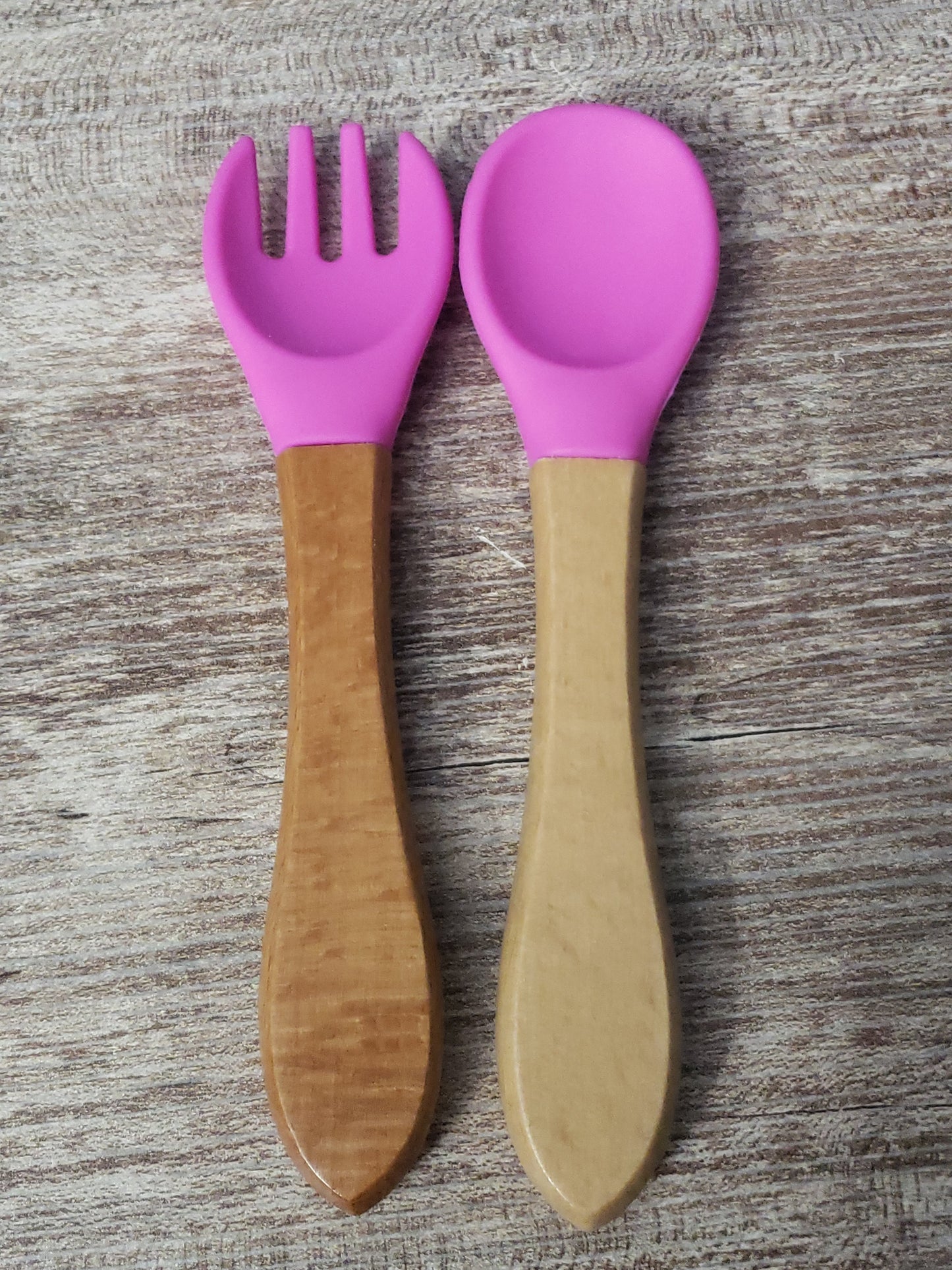 Baby silicone and wood spoon and fork set personalized