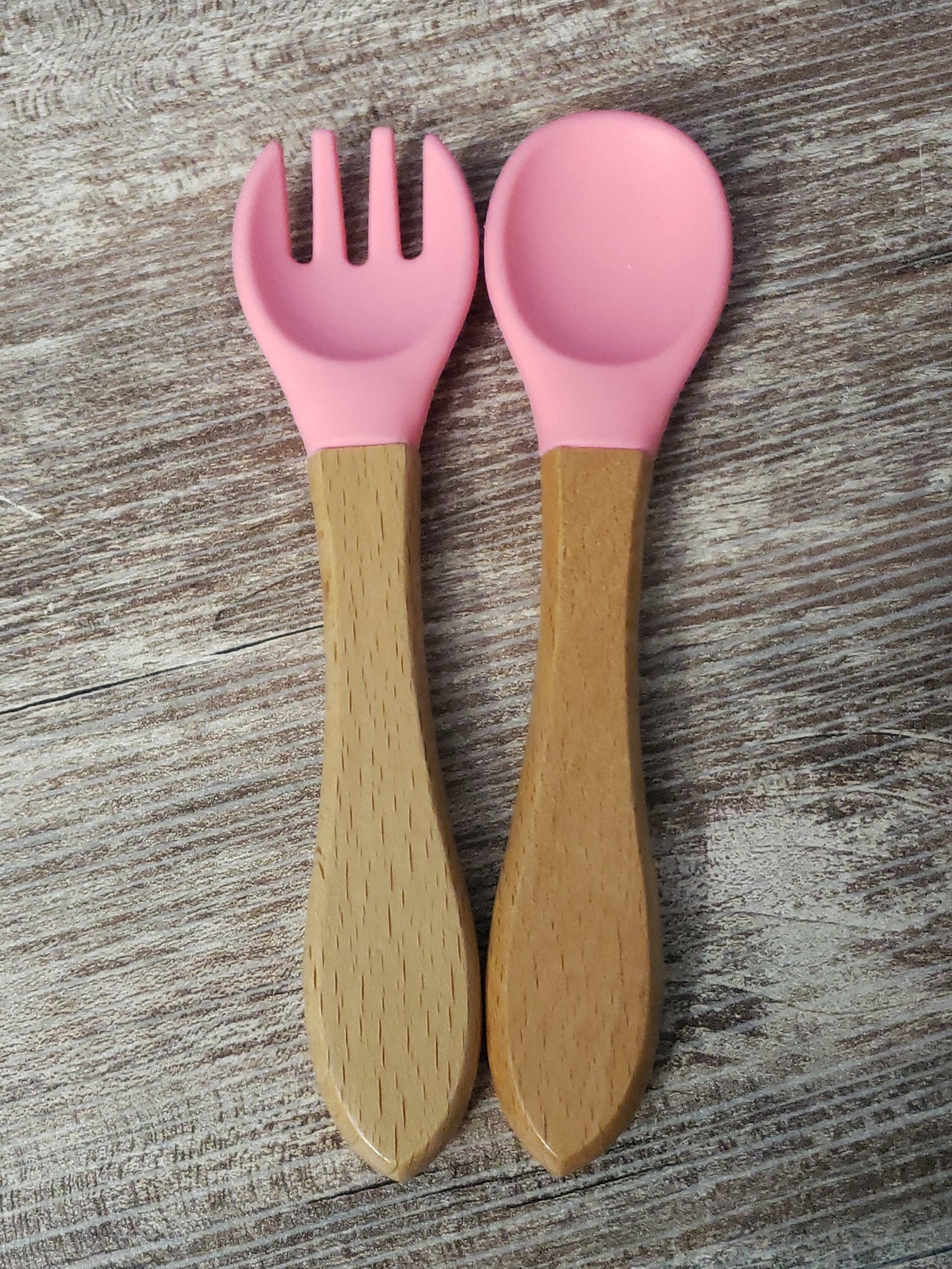 Baby silicone and wood spoon and fork set personalized