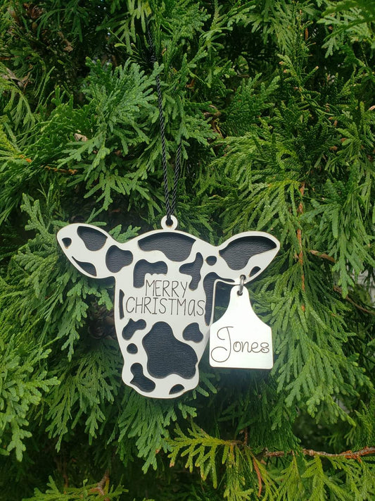 Merry Christmas Cow Head with tag Personalized Christmas Ornament