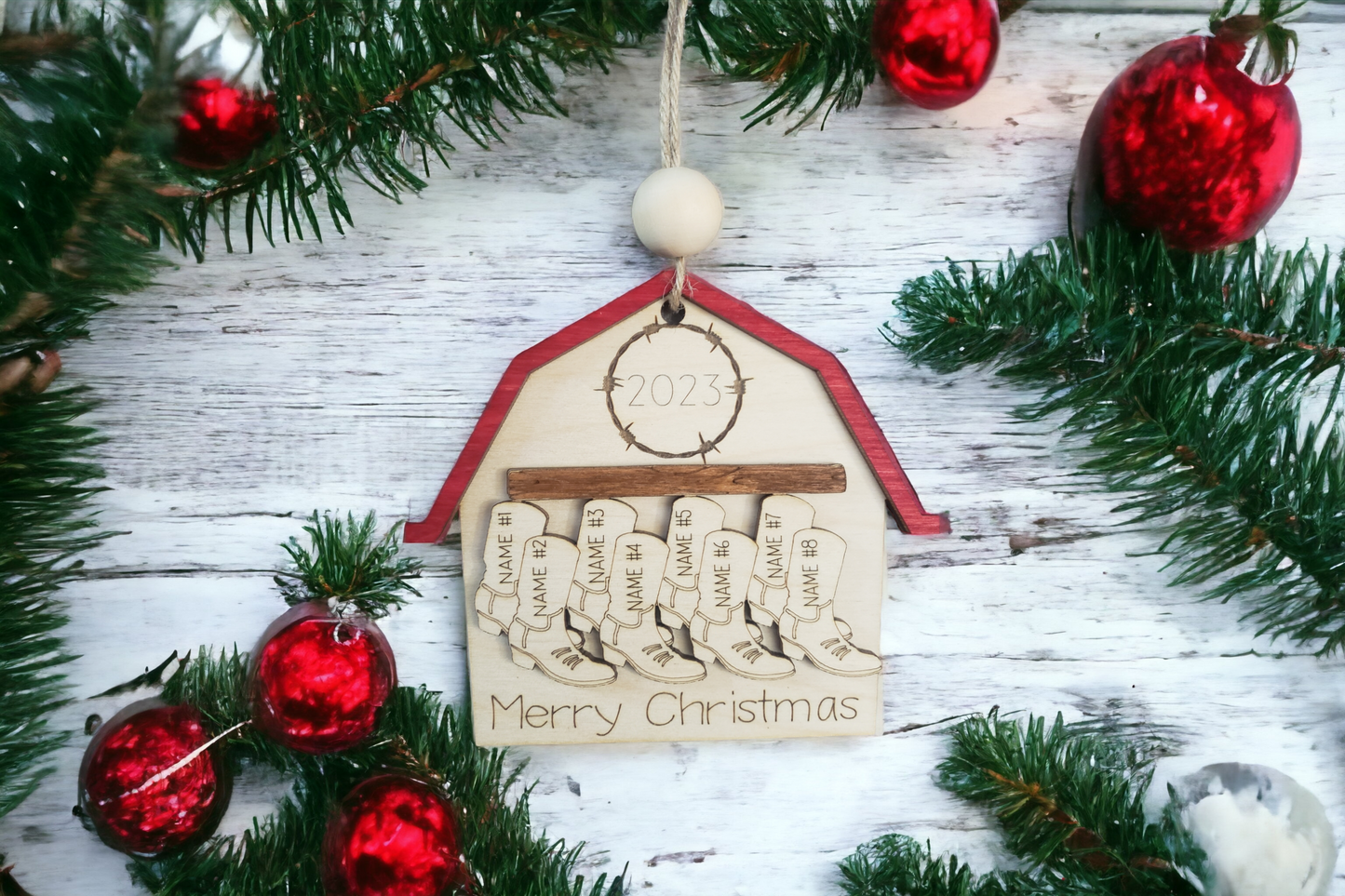 Barn with Boots Merry Christmas Ornament Personalized