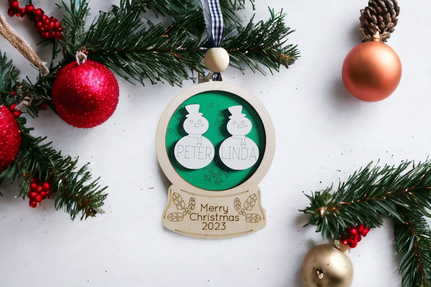 Snowglobe Snowmen Christmas Ornament Personalized