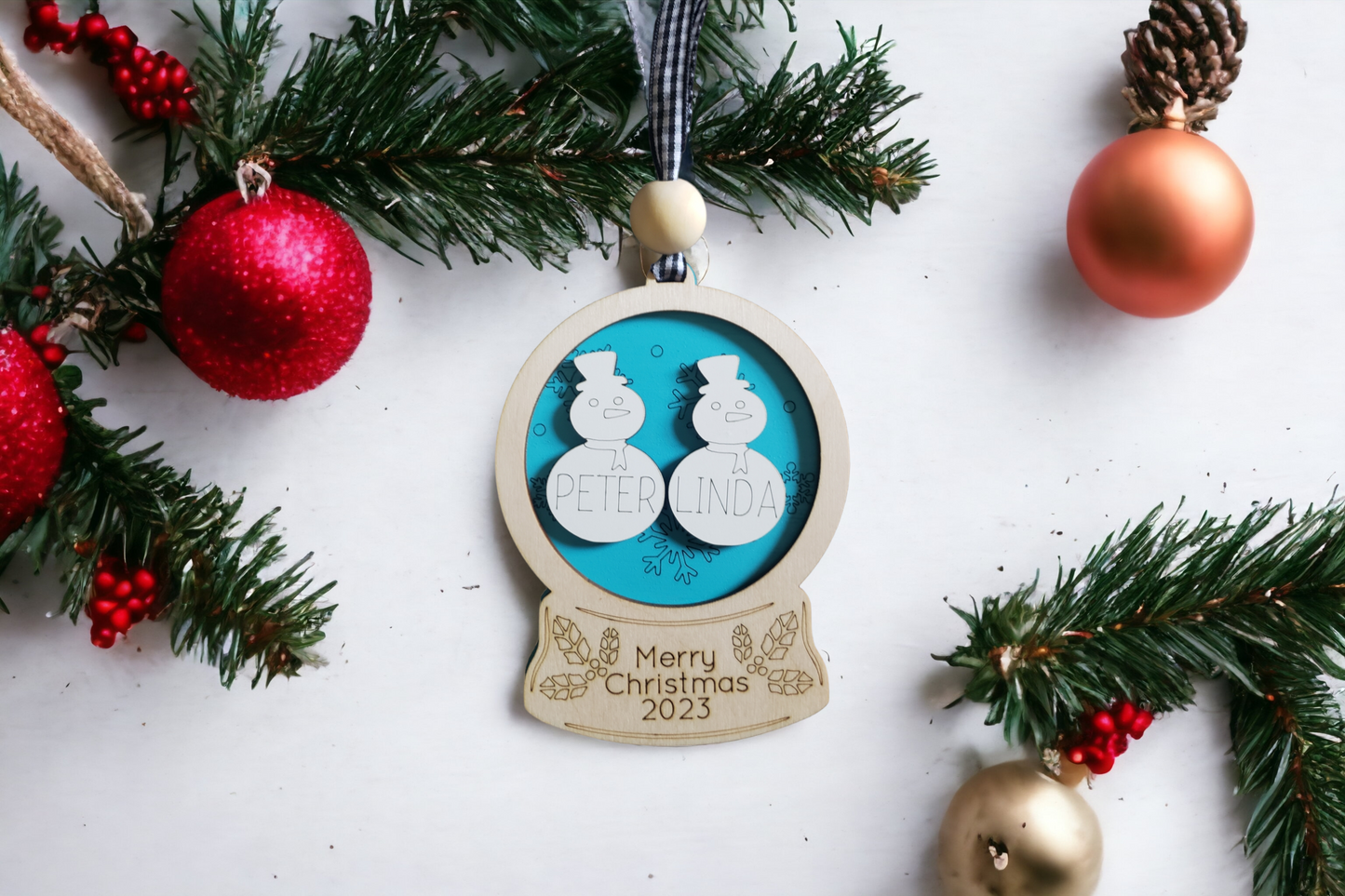 Snowglobe Snowmen Christmas Ornament Personalized