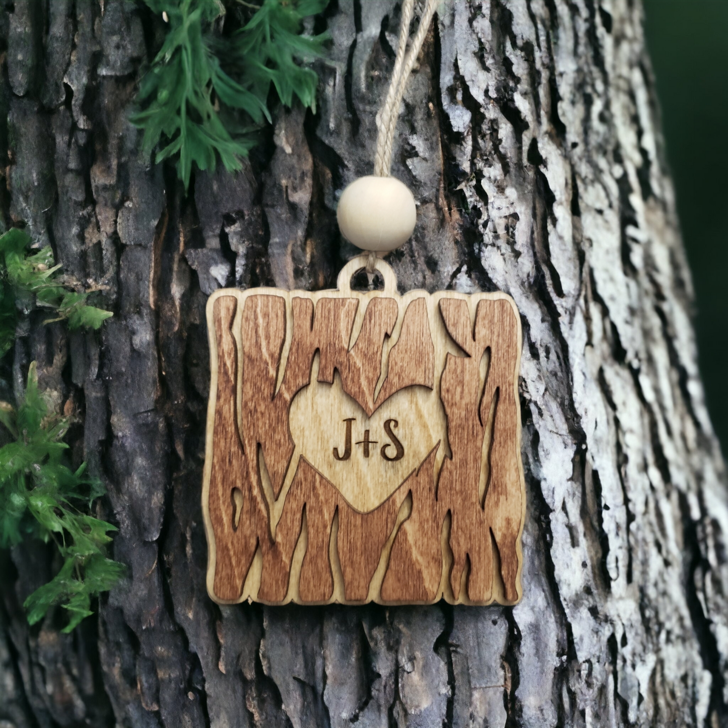 Wood Heart Tree Bark Christmas Ornament Personalized