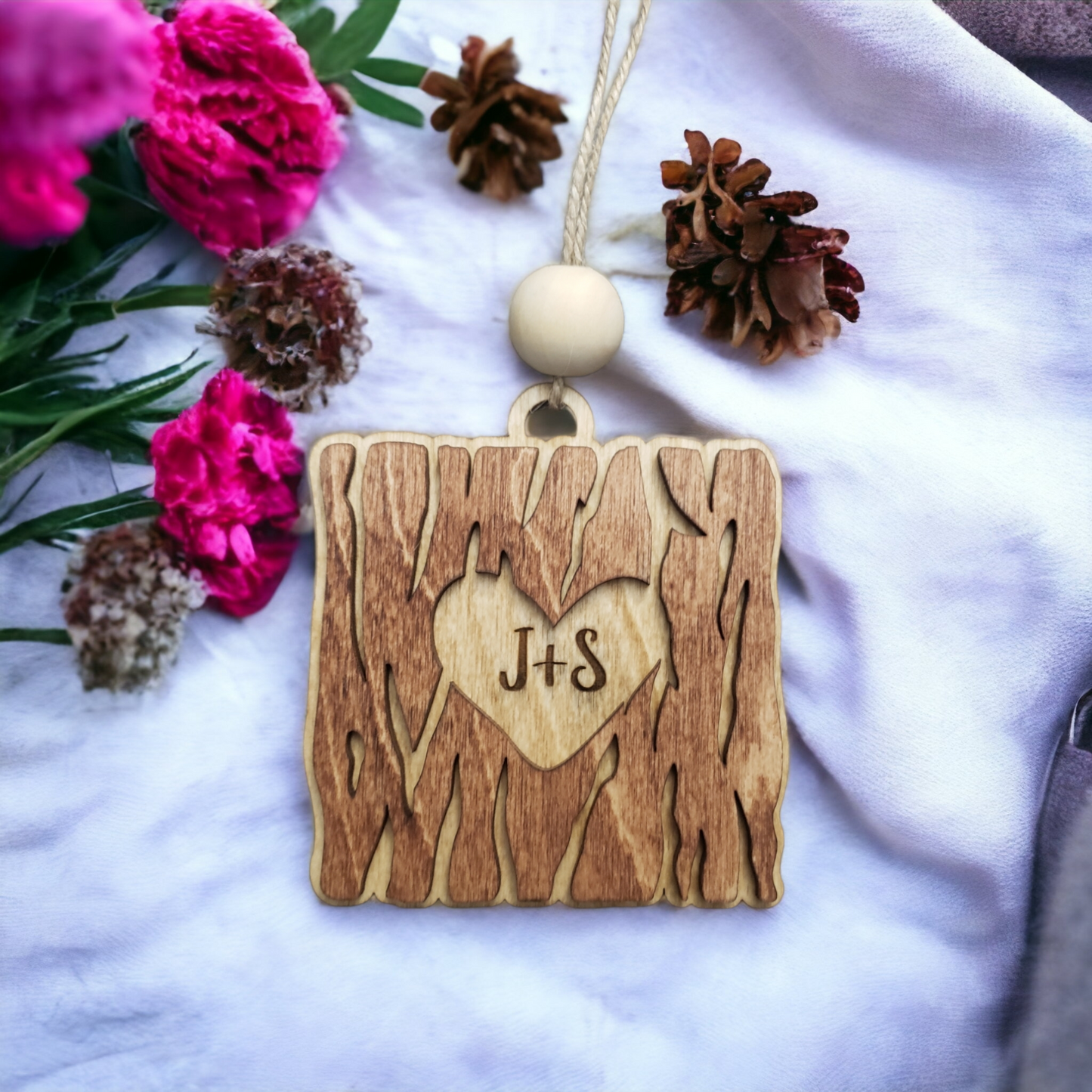 Wood Heart Tree Bark Christmas Ornament Personalized