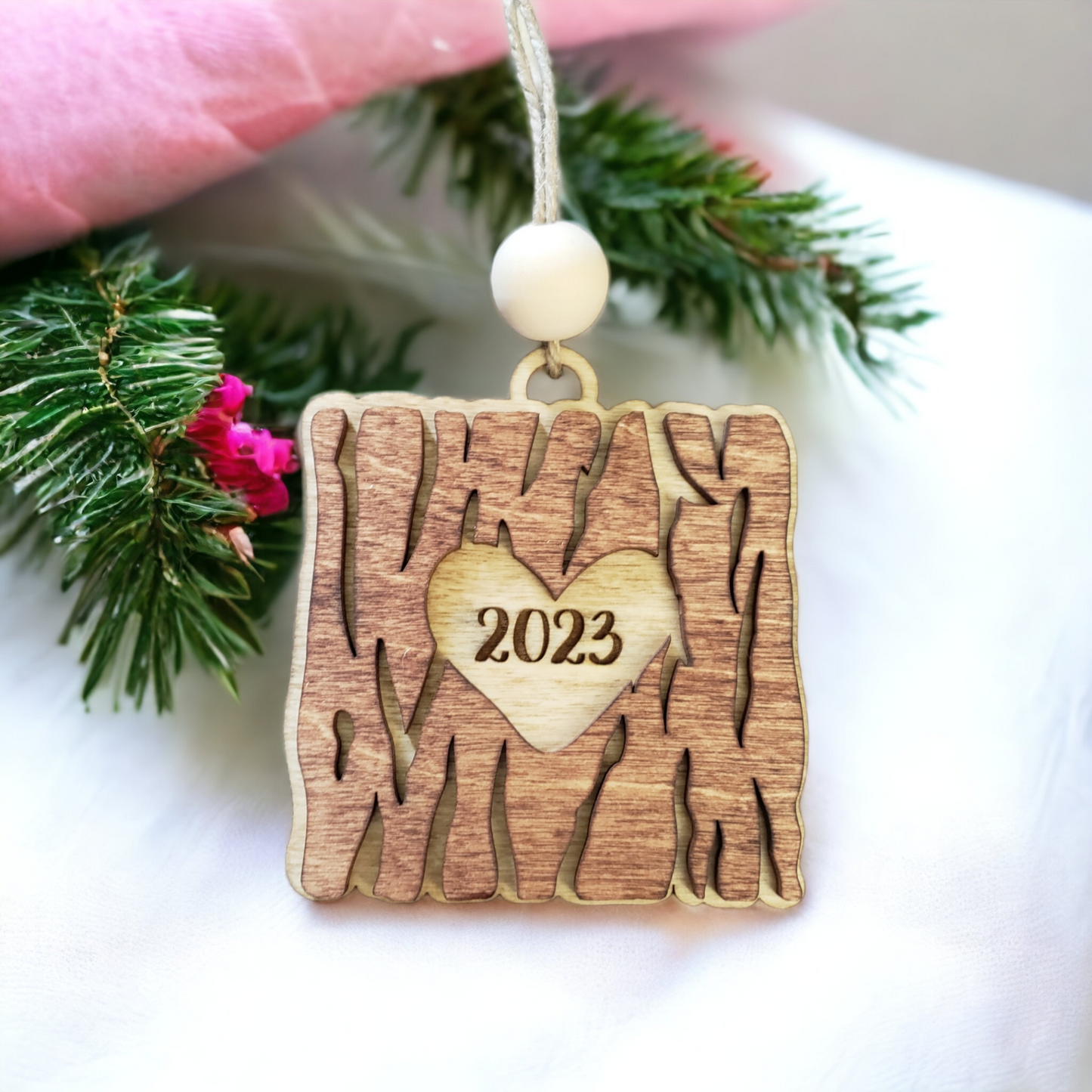 Wood Heart Tree Bark Christmas Ornament Personalized