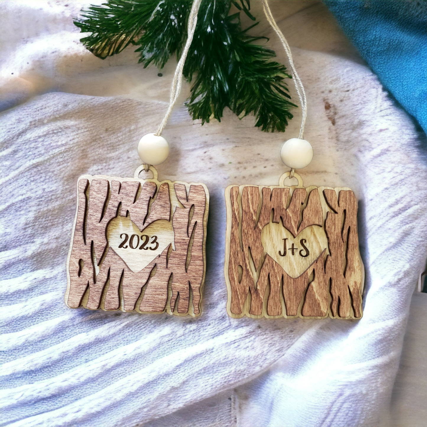 Wood Heart Tree Bark Christmas Ornament Personalized