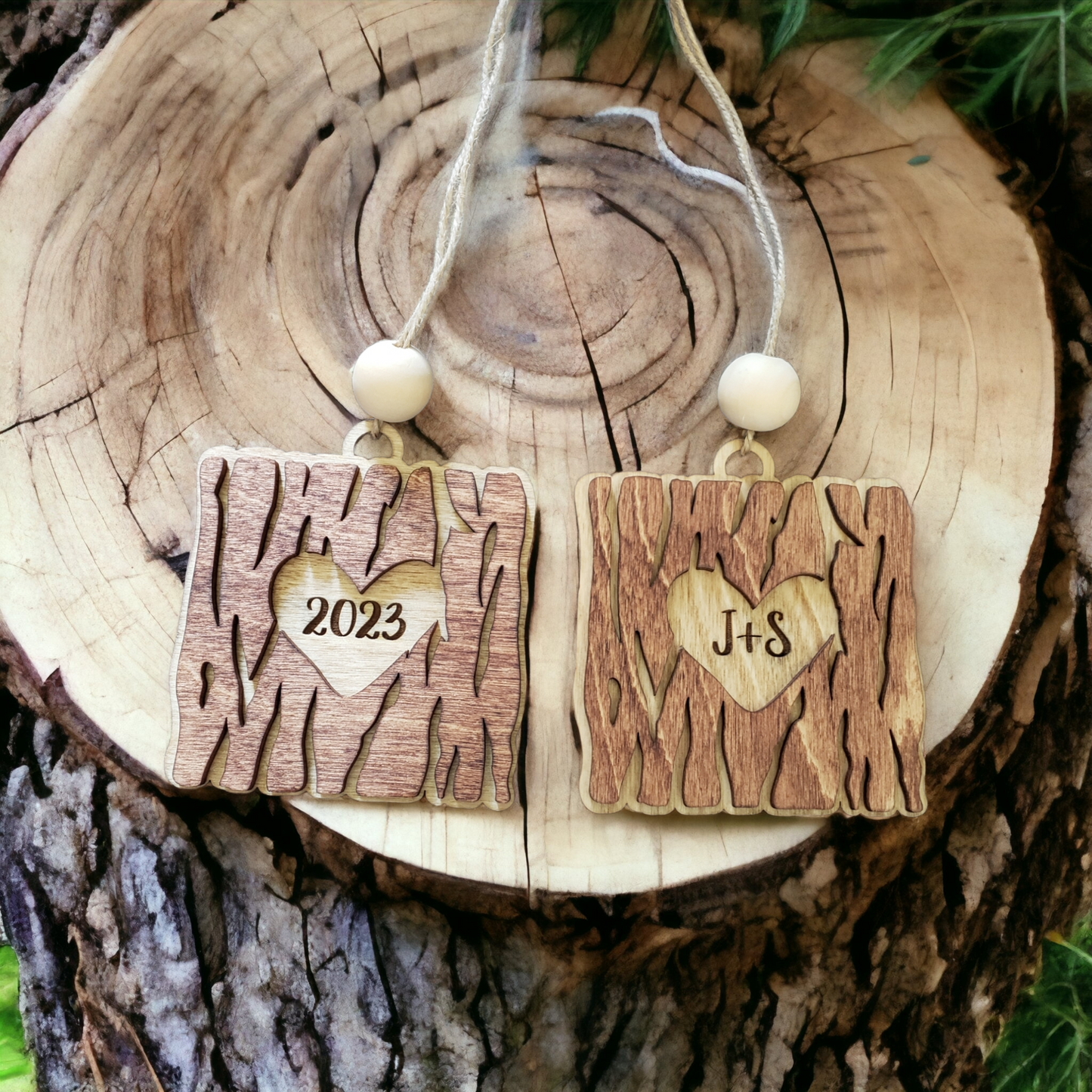 Wood Heart Tree Bark Christmas Ornament Personalized