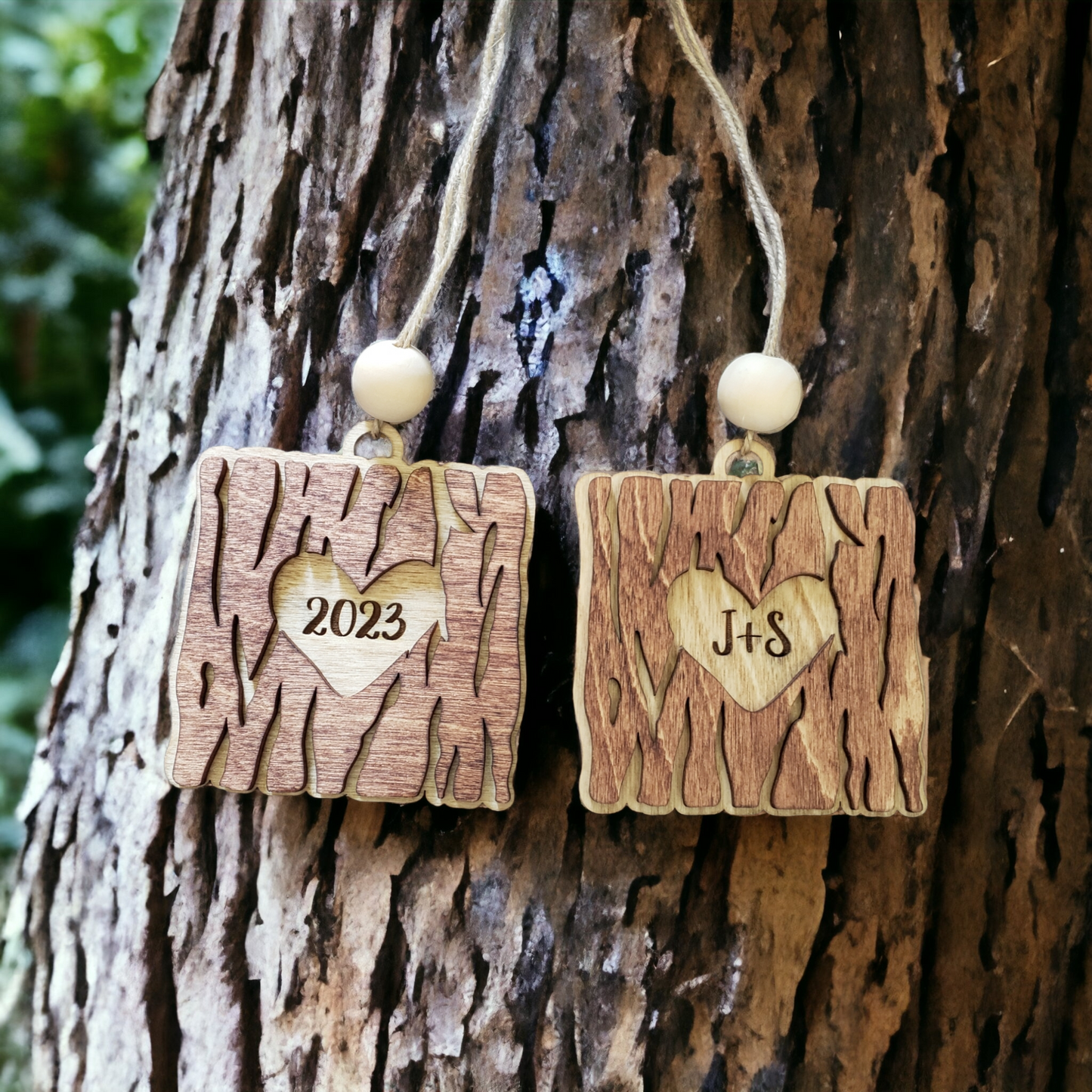 Wood Heart Tree Bark Christmas Ornament Personalized
