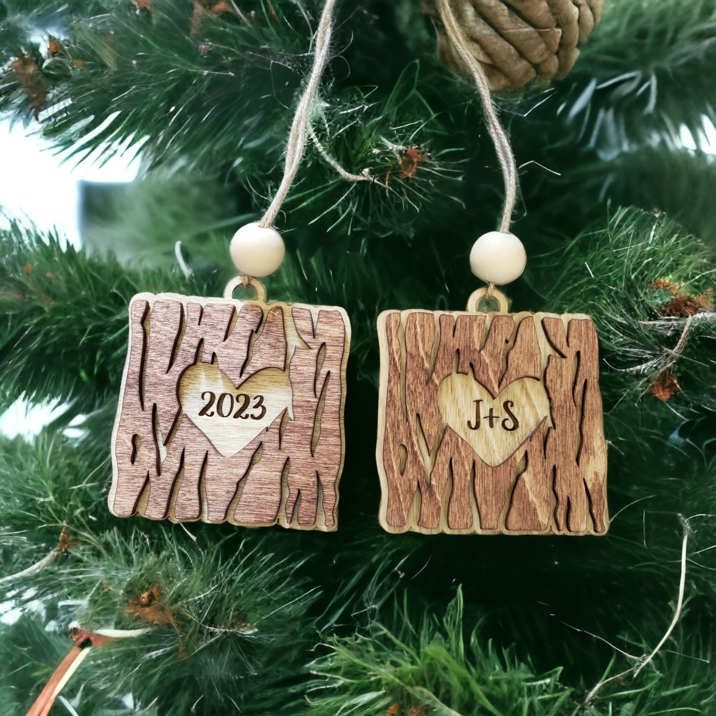 Wood Heart Tree Bark Christmas Ornament Personalized