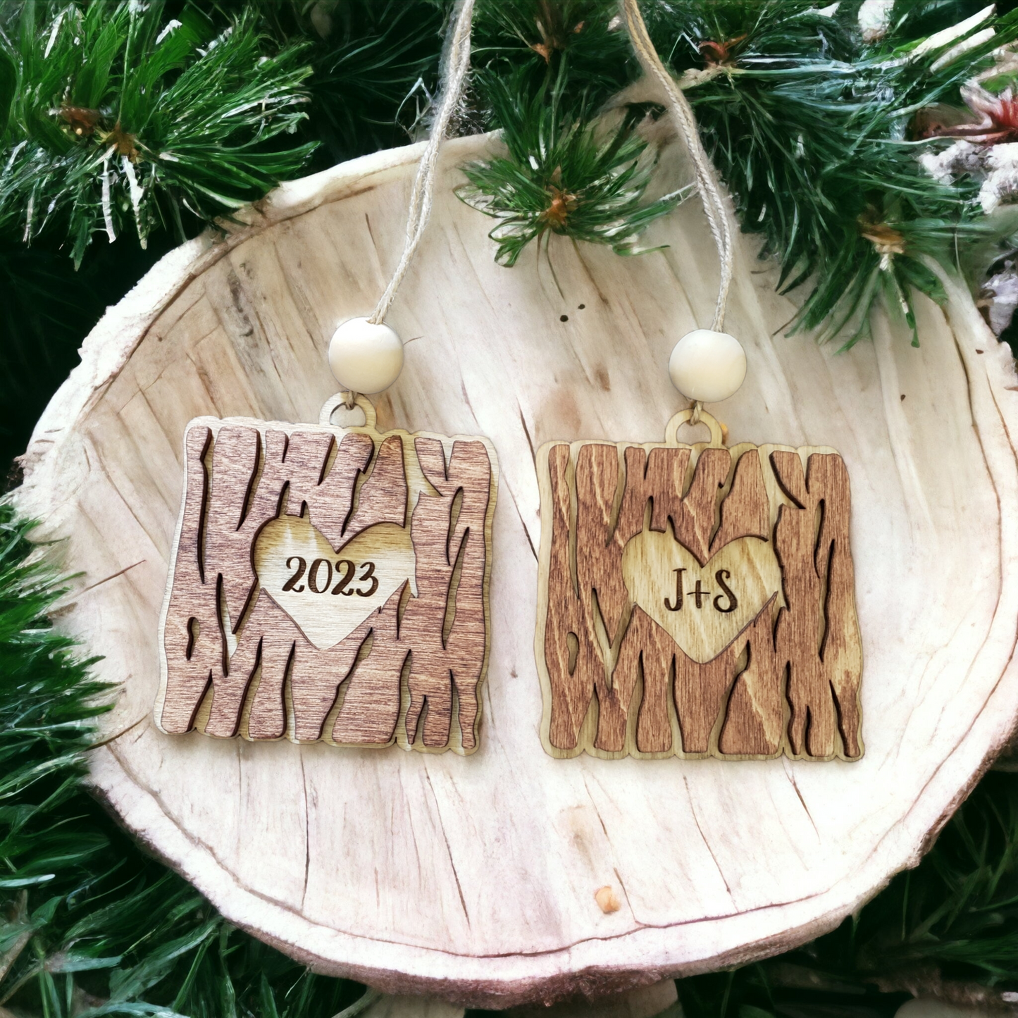 Wood Heart Tree Bark Christmas Ornament Personalized