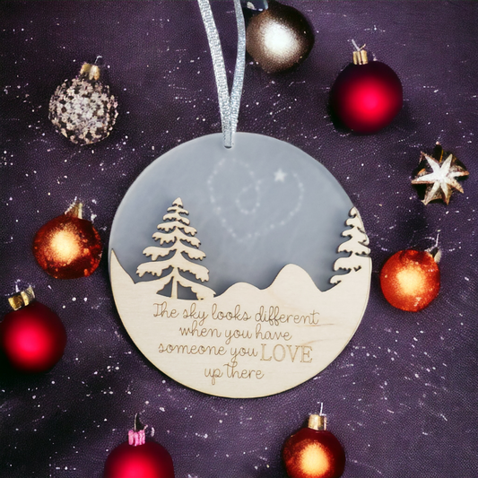 The sky looks different when you have someone you love up there Memorial Christmas Ornament heart in sky