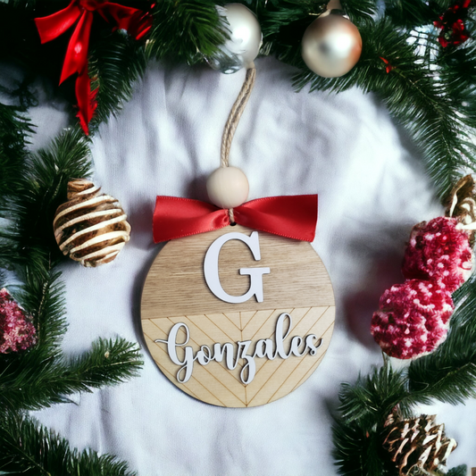 Red ribbon Split shiplap Personalized Christmas Ornaments