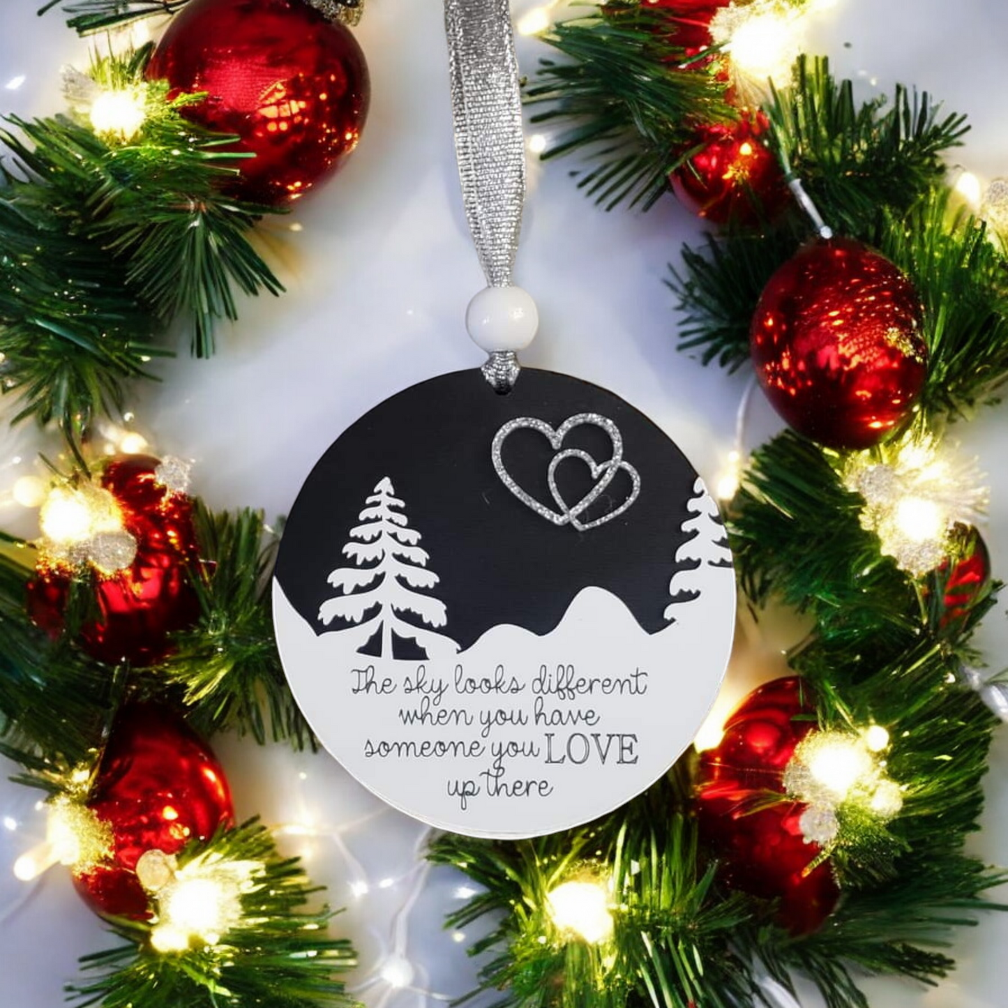Black and white version The sky looks different when you have someone you love up there Memorial Christmas Ornament heart in sky Black & white
