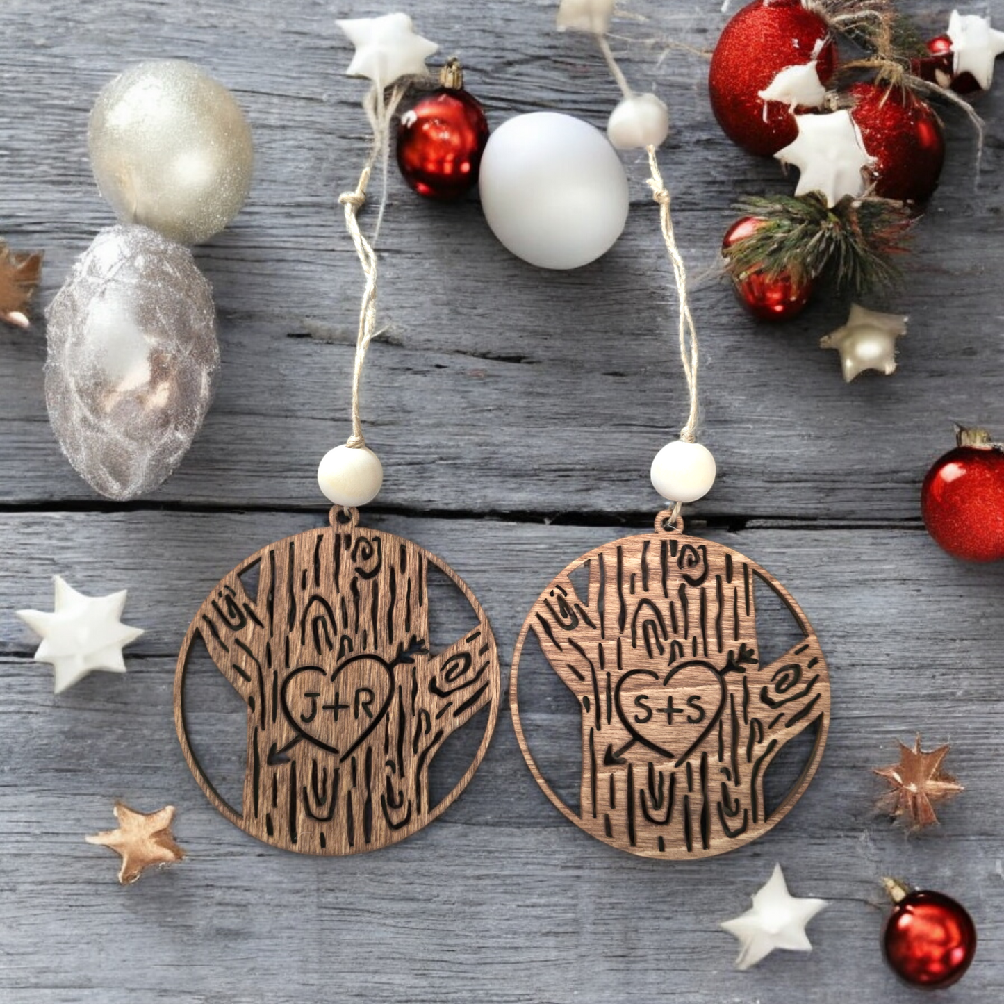 Carved tree Christmas Ornament with initials personalized