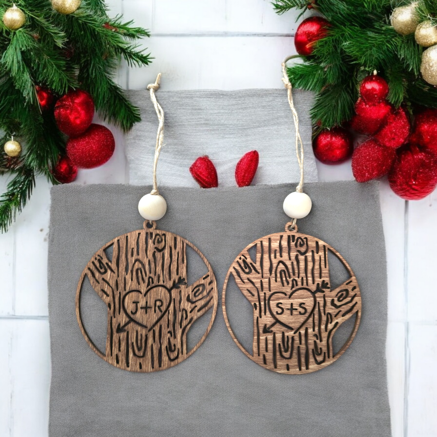 Carved tree Christmas Ornament with initials personalized
