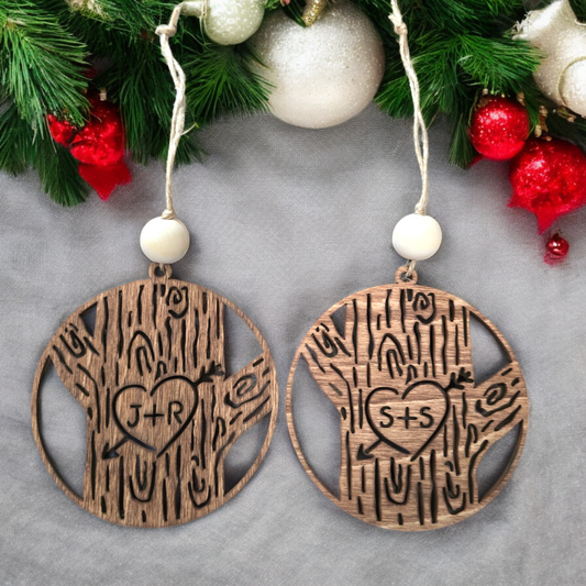 Carved tree Christmas Ornament with initials personalized