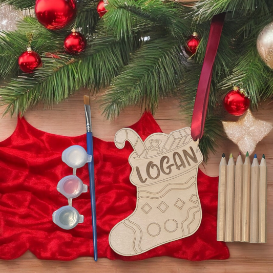 Filled Stocking with goodies on top Paint Kit Christmas Ornament colored pencils Personalized with name