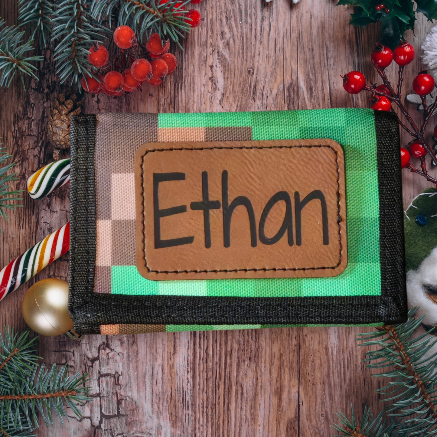 Kids boys wallets Personalized black and white or green blocks