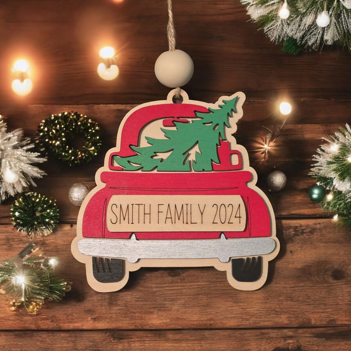 Pickup truck and tree personalized Christmas Ornament