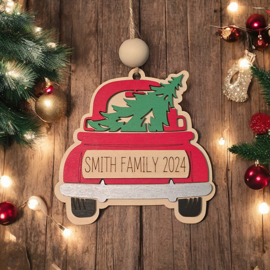 Pickup truck and tree personalized Christmas Ornament