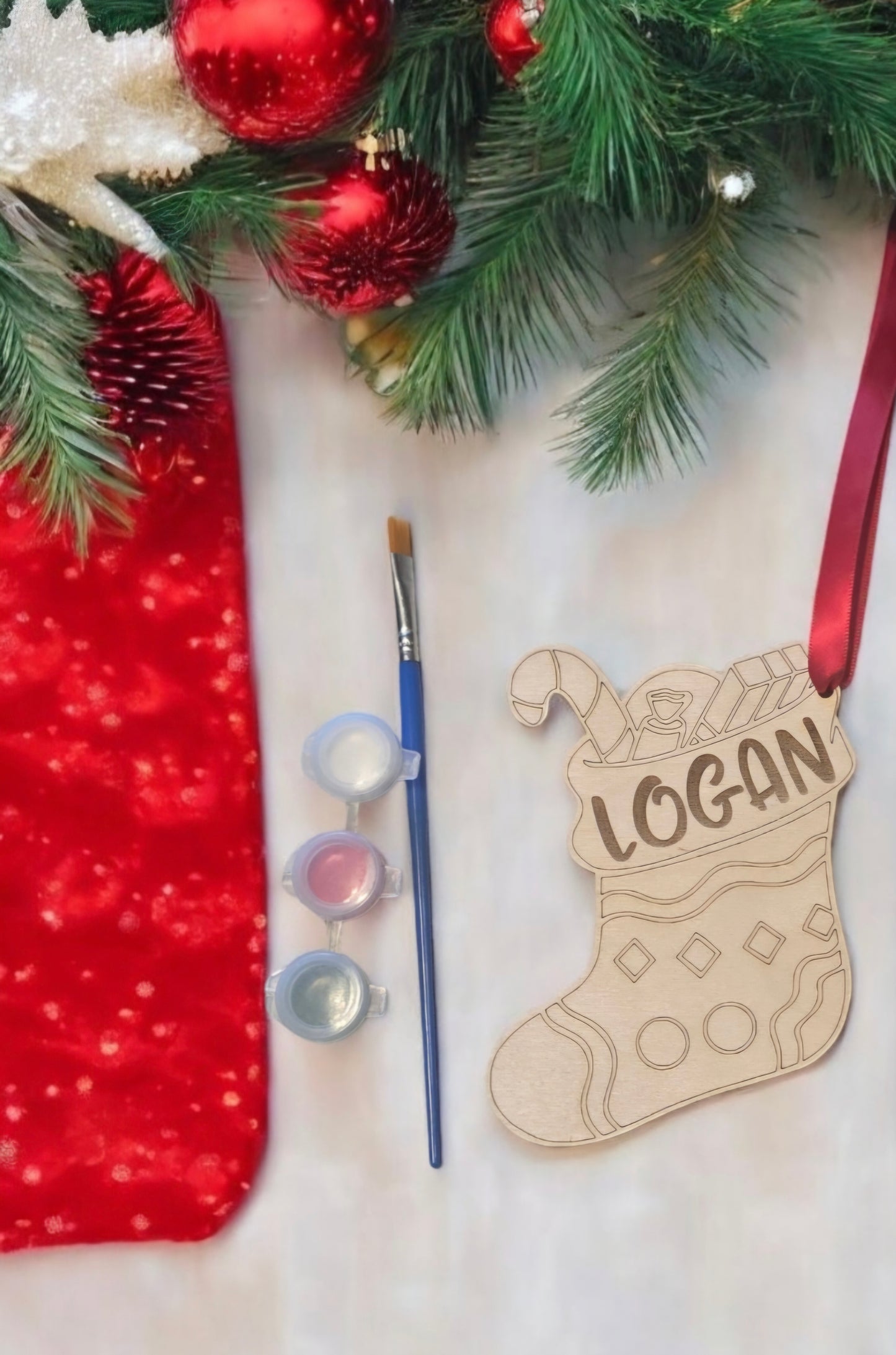 Filled Stocking with goodies on top Paint Kit Christmas Ornament colored pencils Personalized with name