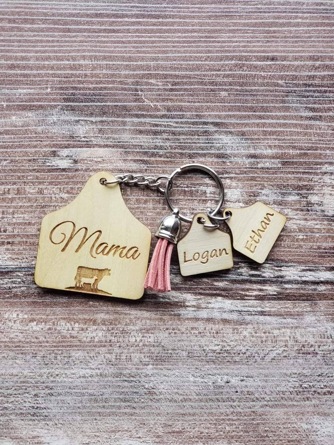 Mama Ear Tag Highland Cow Personalized with kids Keychain