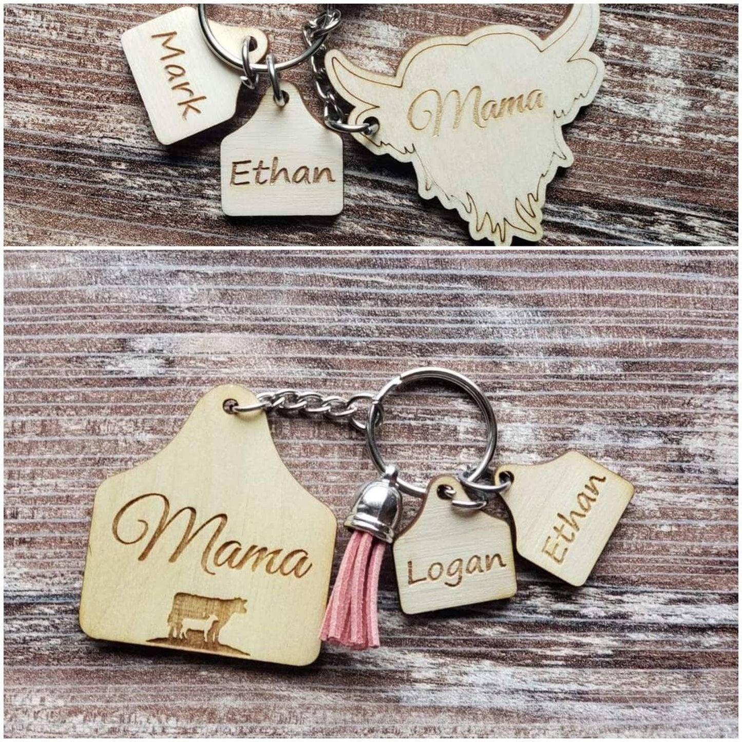 Mama Ear Tag Highland Cow Personalized with kids Keychain