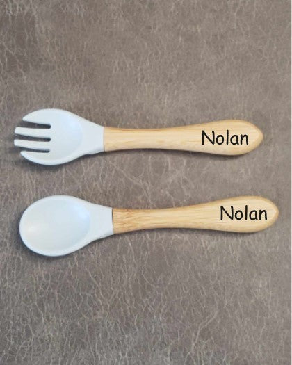 Baby silicone and wood spoon and fork set personalized