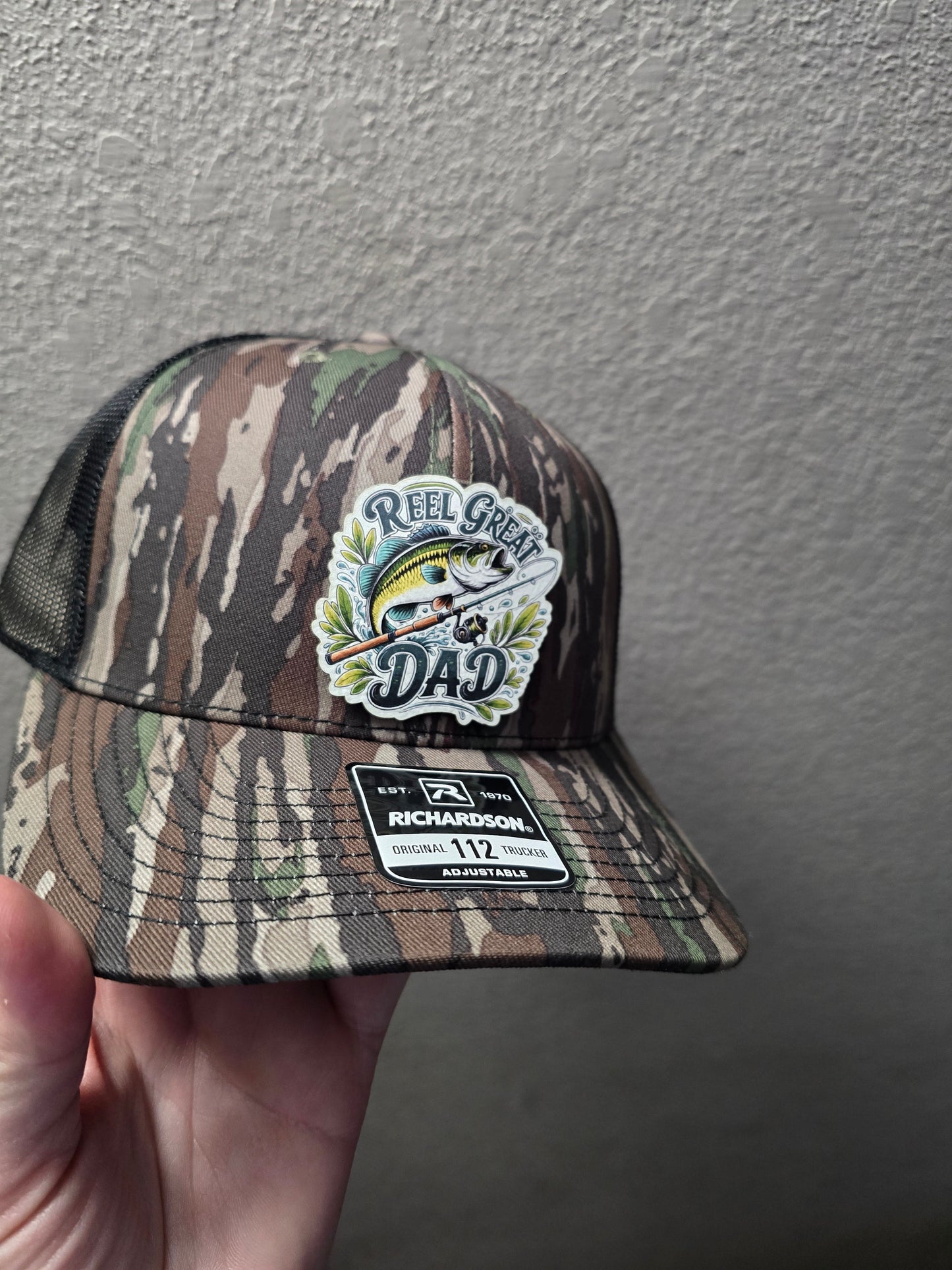 UV printed patch Reel cool Dad or Reel Great Dad fish Real Tree Camo or gray/black Richardson 112 Hat