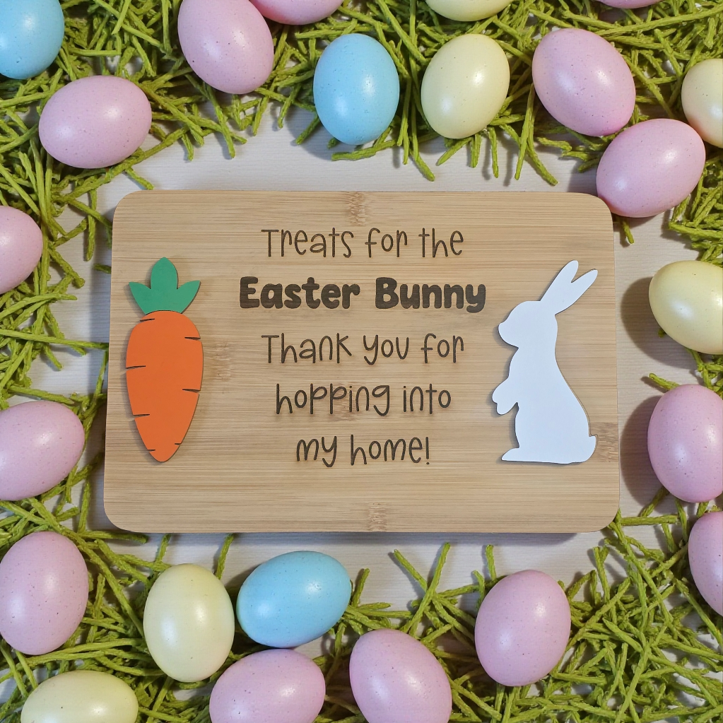 Treats for the Easter Bunny thank you for hopping into my home tray decoration personalized