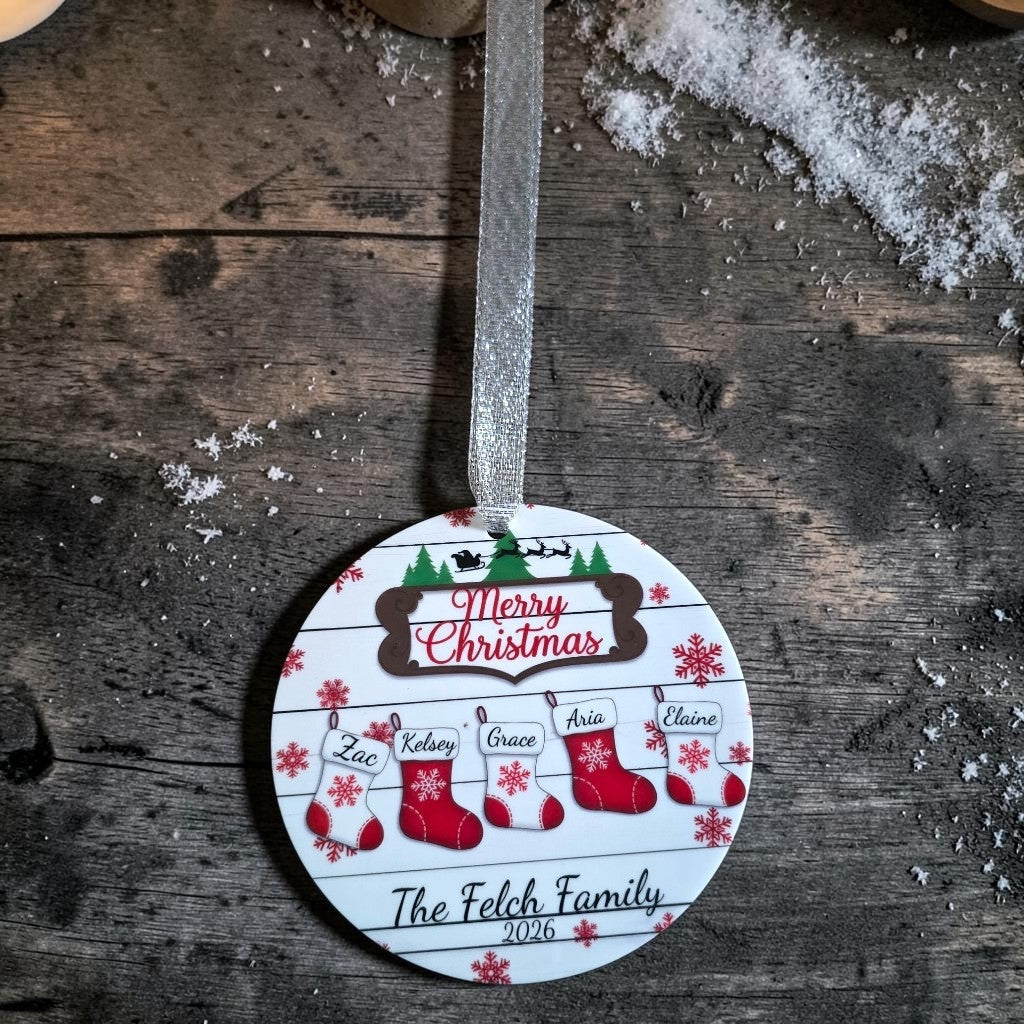 UV printed Merry Christmas with red & white stockings Ornament acrylic personalized up to 8 stockings